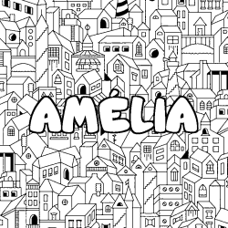 Coloring page first name AMÉLIA - City background