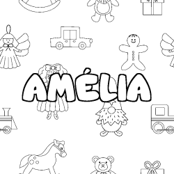 Coloring page first name AMÉLIA - Toys background