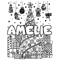 Coloring page first name AMÉLIE - Christmas tree and presents background
