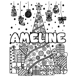 Coloring page first name AMELINE - Christmas tree and presents background