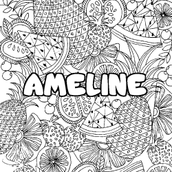 Coloring page first name AMELINE - Fruits mandala background