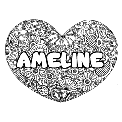 Coloring page first name AMELINE - Heart mandala background