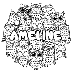 Coloring page first name AMELINE - Owls background