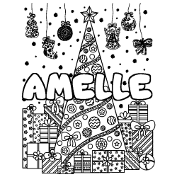Coloring page first name AMELLE - Christmas tree and presents background