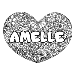 Coloring page first name AMELLE - Heart mandala background