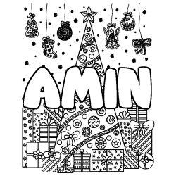 Coloring page first name AMIN - Christmas tree and presents background
