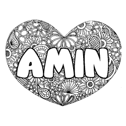 Coloring page first name AMIN - Heart mandala background