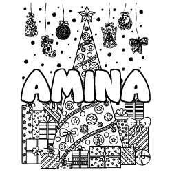 Coloring page first name AMINA - Christmas tree and presents background