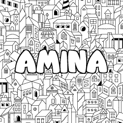 Coloring page first name AMINA - City background