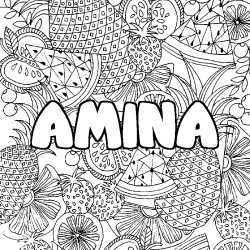 Coloring page first name AMINA - Fruits mandala background