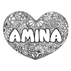 Coloring page first name AMINA - Heart mandala background