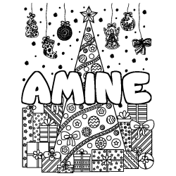 Coloring page first name AMINE - Christmas tree and presents background