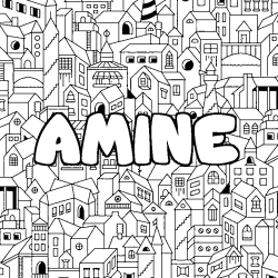Coloring page first name AMINE - City background