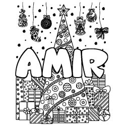 Coloring page first name AMIR - Christmas tree and presents background