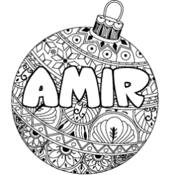 Coloring page first name AMIR - Christmas tree bulb background