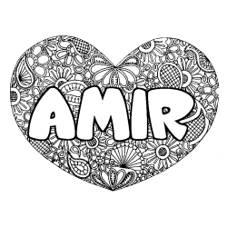 Coloring page first name AMIR - Heart mandala background