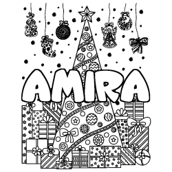 Coloring page first name AMIRA - Christmas tree and presents background