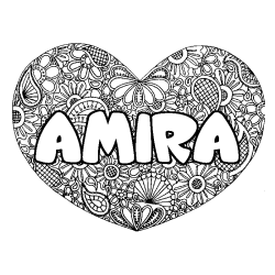 Coloring page first name AMIRA - Heart mandala background