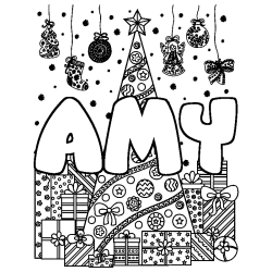 Coloring page first name AMY - Christmas tree and presents background