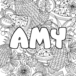Coloring page first name AMY - Fruits mandala background