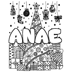 Coloring page first name ANAE - Christmas tree and presents background
