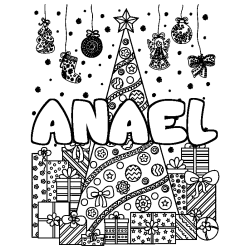 Coloring page first name ANAEL - Christmas tree and presents background