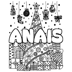 Coloring page first name ANAIS - Christmas tree and presents background