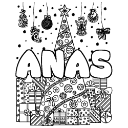 Coloring page first name ANAS - Christmas tree and presents background
