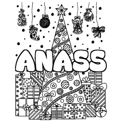 Coloring page first name ANASS - Christmas tree and presents background