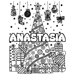 Coloring page first name ANASTASIA - Christmas tree and presents background
