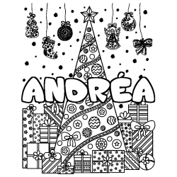 Coloring page first name ANDRÉA - Christmas tree and presents background