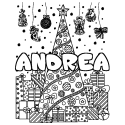 Coloring page first name ANDREA - Christmas tree and presents background