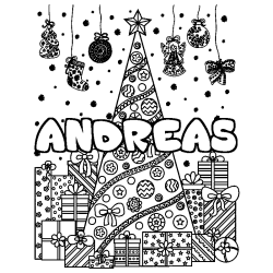 Coloring page first name ANDREAS - Christmas tree and presents background