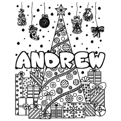 Coloring page first name ANDREW - Christmas tree and presents background