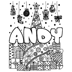 Coloring page first name ANDY - Christmas tree and presents background