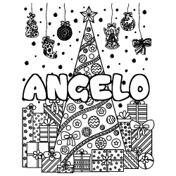 Coloring page first name ANGELO - Christmas tree and presents background