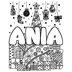 Coloring page first name ANIA - Christmas tree and presents background
