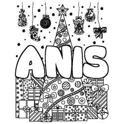 Coloring page first name ANIS - Christmas tree and presents background