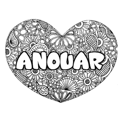 Coloring page first name ANOUAR - Heart mandala background