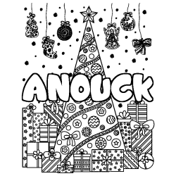 Coloring page first name ANOUCK - Christmas tree and presents background