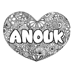 Coloring page first name ANOUK - Heart mandala background