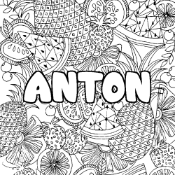 Coloring page first name ANTON - Fruits mandala background