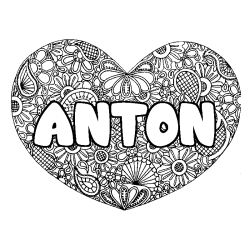 Coloring page first name ANTON - Heart mandala background