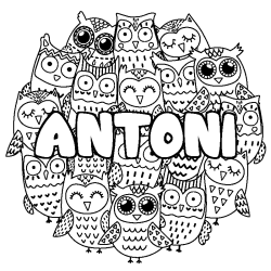 Coloring page first name ANTONI - Owls background