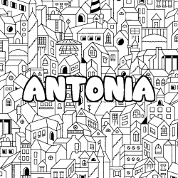 Coloring page first name ANTONIA - City background