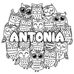 Coloring page first name ANTONIA - Owls background