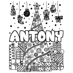 Coloring page first name ANTONY - Christmas tree and presents background