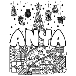 Coloring page first name ANYA - Christmas tree and presents background