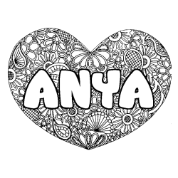 Coloring page first name ANYA - Heart mandala background