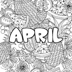 Coloring page first name APRIL - Fruits mandala background